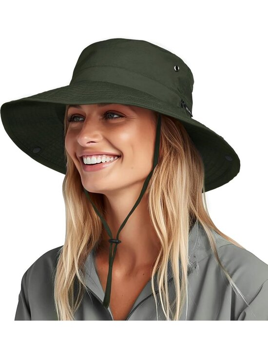 〽️Women Army Green Ponytail UPF 80+ Wide Brim Packable Cowboy Hat Beach Sun Hat